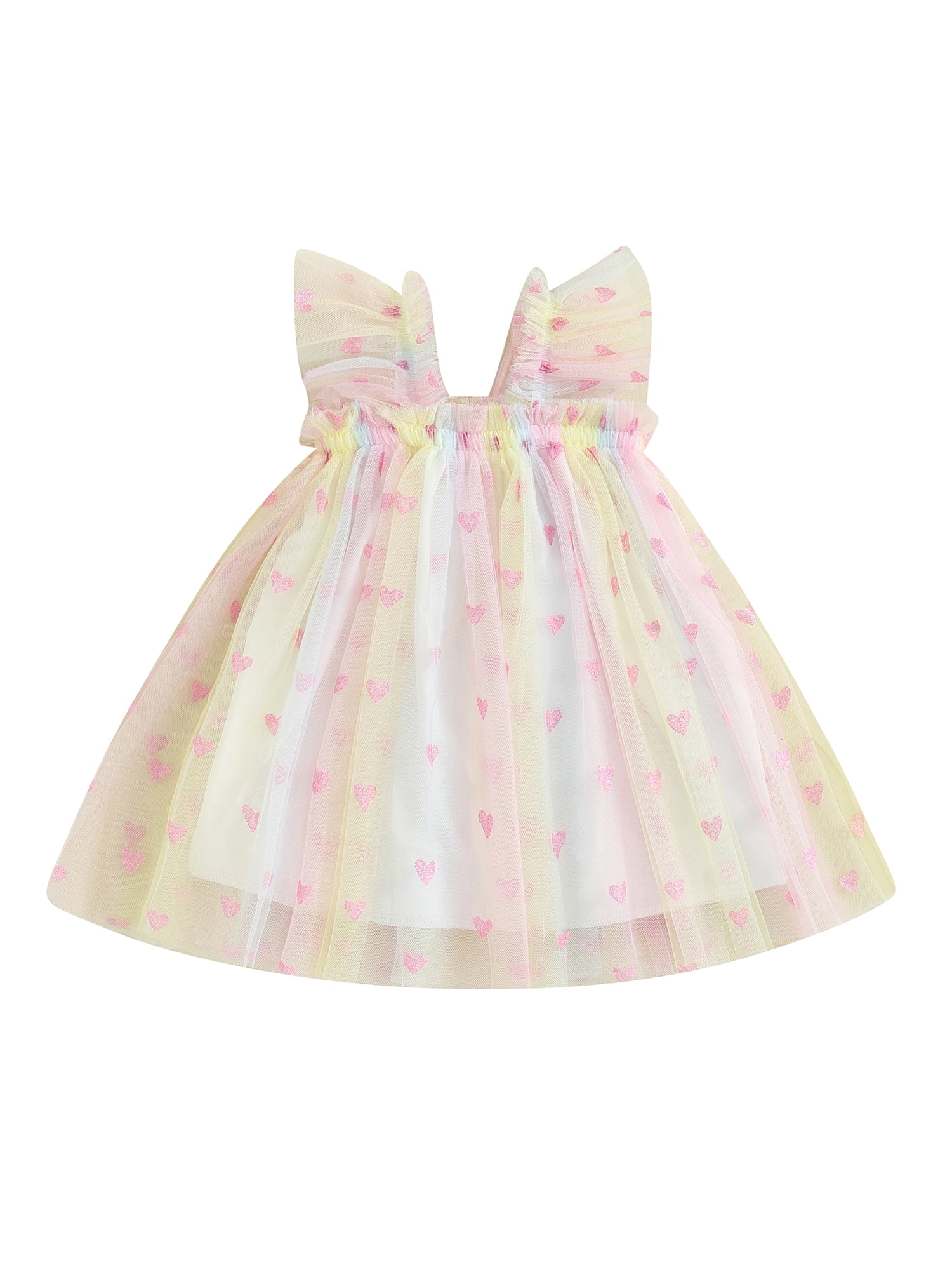 Baby Girl Princess Dress Sparkle Heart Print Tulle Dress with Wings