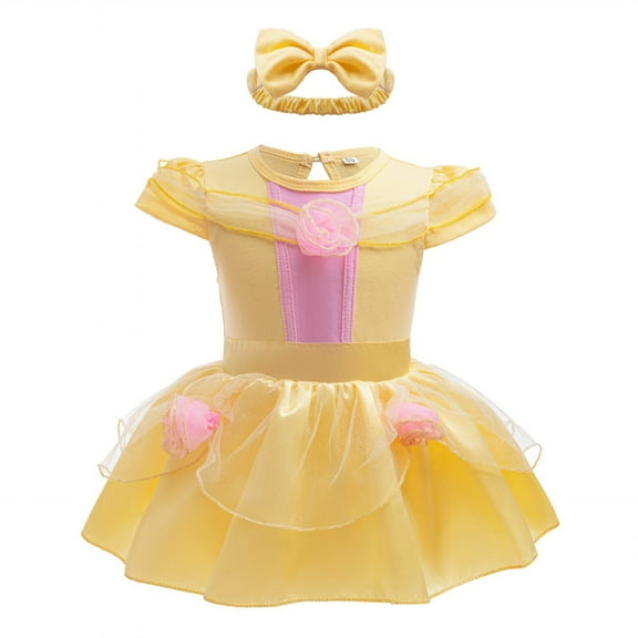 Baby Girl Princess Romper Costume Female Belle Aurora Outfit with Headband, Toddler Size for 3-18 Month
