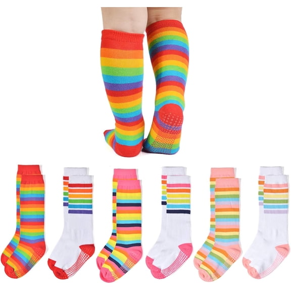 Baby Girl Rainbow Striped Knee High Socks Non-Slip Uniform Tube Stockings Soccer Socks for Toddler and Child