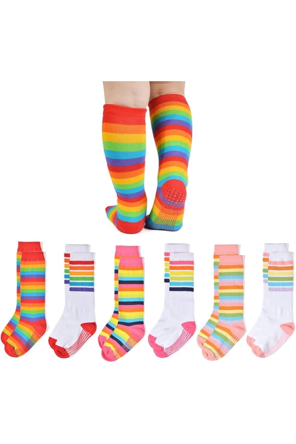 Baby Girl Rainbow Striped Knee High Socks Non-Slip Uniform Tube Stockings Soccer Socks for Toddler and Child