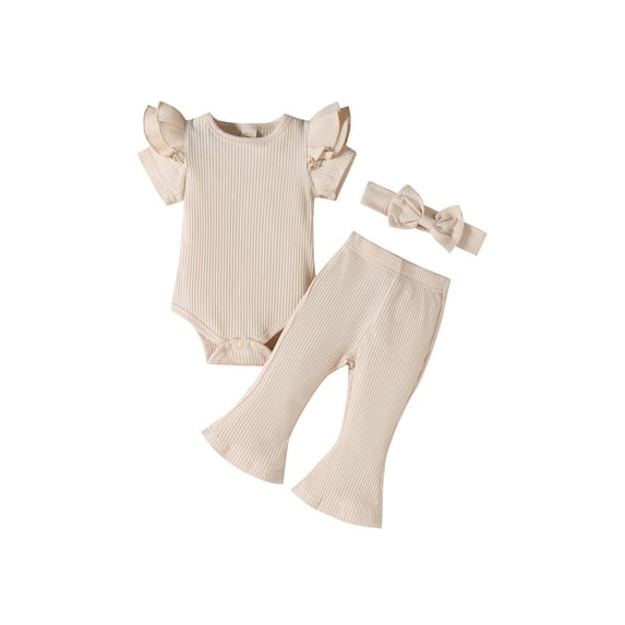 Baby Girl Ribbed Bell Bottom Outfits Set Short Sleeve Romper + Flared Trousers + Headband 3 Pieces