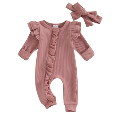 Baby Girl Ribbed Bodysuit Jumpsuit Solid Color Ruffle Long Sleeve Romper with Bow Headband Infant Onesie