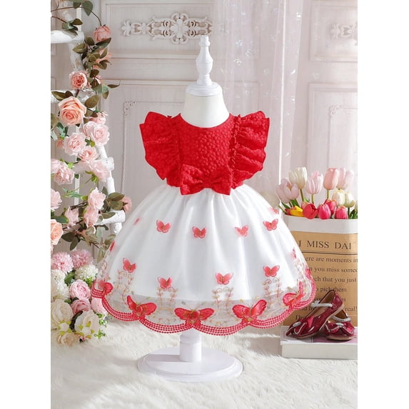 Baby Girl Romantic & Elegant Bowknot Decoration Jacquard Patchwork Butterfly Applique Mesh Ruffle Hem Dress