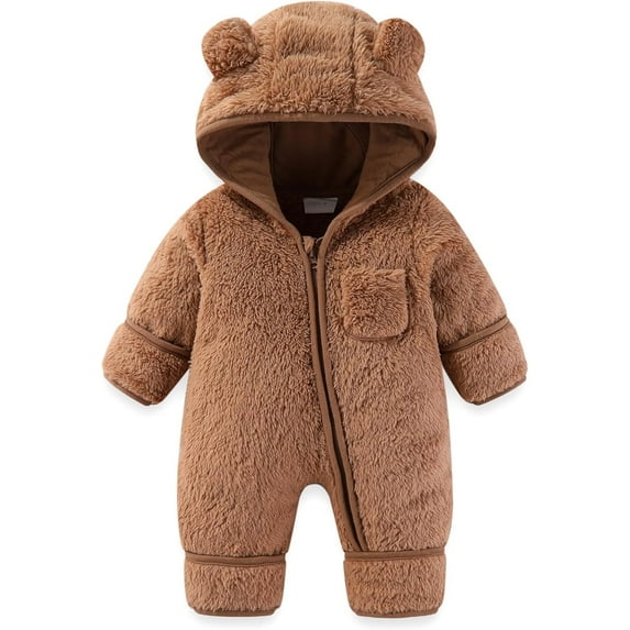 Baby Girl Romper Newborn Bear Romper Suit Fold Over Mittens Footies Fleece Hooded Newborn Onesies Brown 0 Months-3 Months
