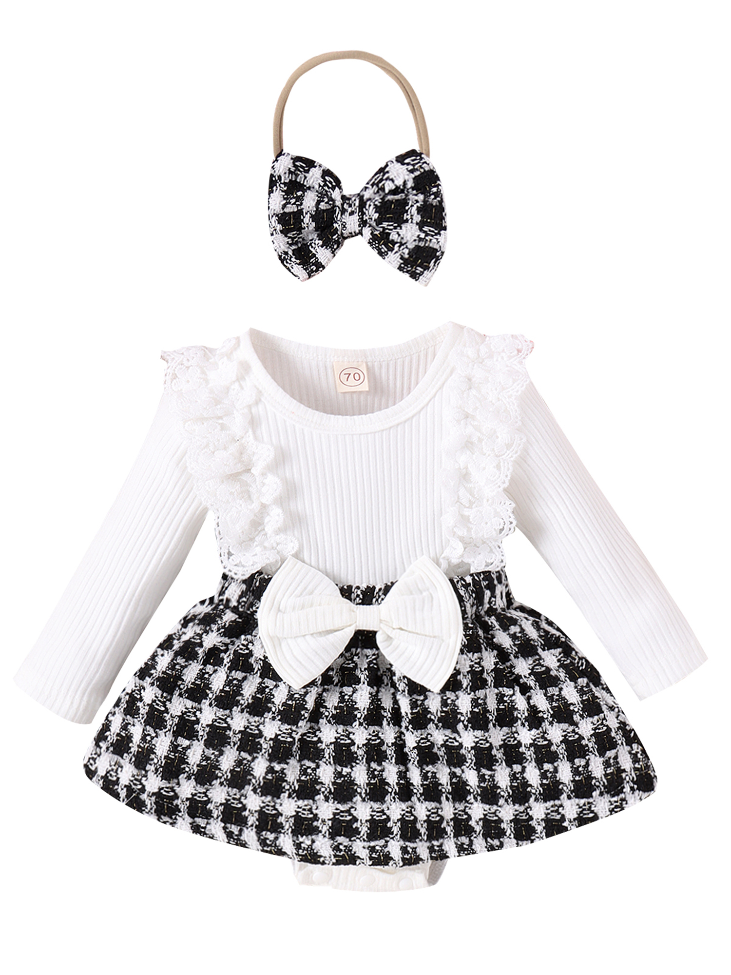 Baby Girl Romper Dress Lace Ruffles Rib Knit Plaid Skirt Bodysuits