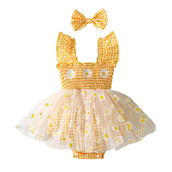 Baby Girl Romper Floral Print Mesh Ruched Square Neck Flutter Sleeve Ruffled Dress Bodysuit & Headband 2 Piece Outdoor Wear Girls Jumpsuit 6 Months-12 Months