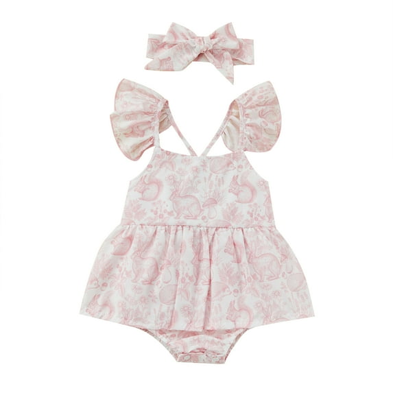 Baby Girl Romper/Girl Dress Cartoon Rabbit Print Design Sleeveless Ruffle Hem Cute Dress/Jumpsuit