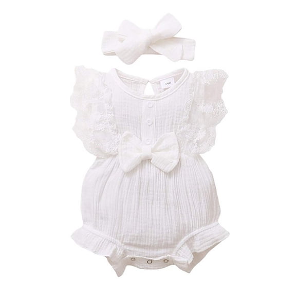 Baby Girl Romper Summer Lace Romper Sleeveless Ruffle Bow Decorated Onesie Jumpsuit With Headband 2 Pieces White One-Piece Sunsuit 6-12M