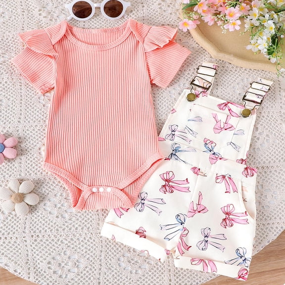 Baby Girl Romper with Suspender Casual Sleeveless Bow Front Floral Print Bodysuit Newborn Playsuit Summer Clothes Pink A 12-18 Months