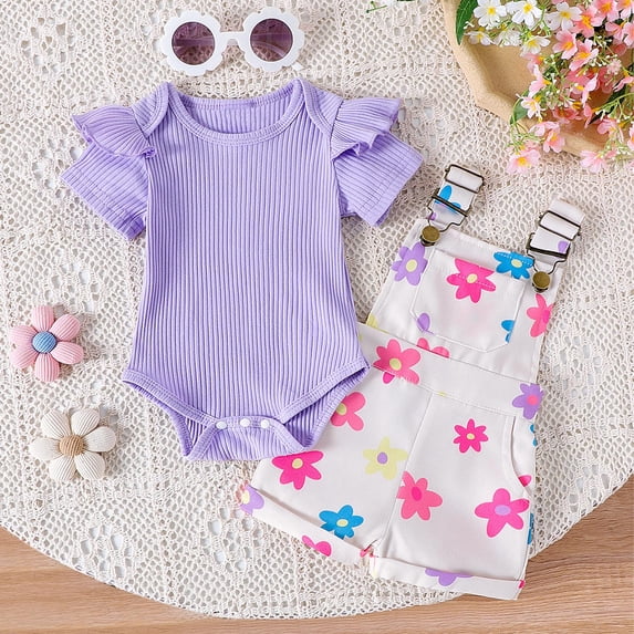 Baby Girl Romper with Suspender Casual Sleeveless Bow Front Floral Print Bodysuit Newborn Playsuit Summer Clothes Purple 2-3 Years
