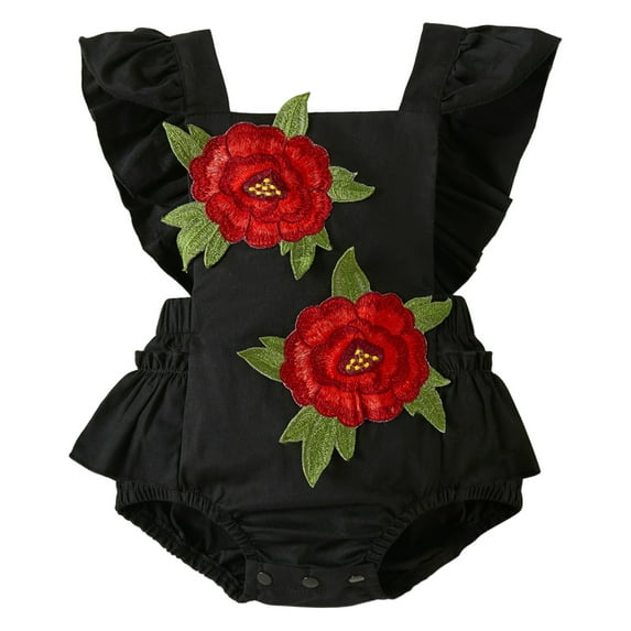 Baby Girl Rompers Fly Sleeve Floral Embroidery Ruffles Romper Soft Bodysuit Jumpsuit Baby Onsies Black 9 Months-12 Months