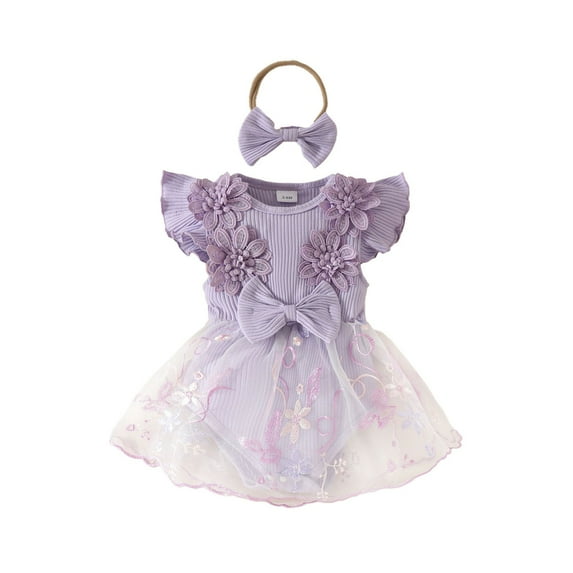 Baby Girl Rompers Romper Dress Daily Fly Sleeve Flower Embroidery Mesh Tlle Skirt Hem Ribbed Baby Onesies Purple 6 Months-9 Months