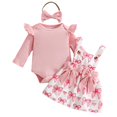 thumbnail image 1 of Baby Girl Ruffled Bodysuit Bow Print Overall Dress Headband 3 Piece Outfit Set Infant Clothes 0-18M, 1 of 5