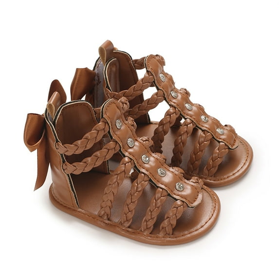 Baby Girl Sandals, Leather Braided Non-slip Bowknot Flats