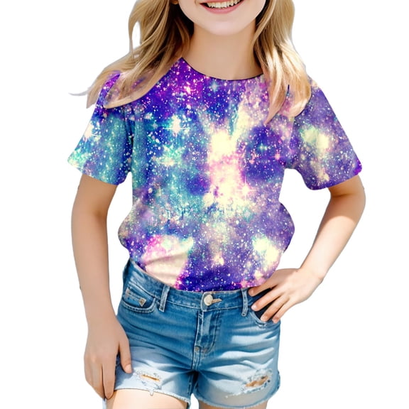 Baby Girl Shirts Round Neck Galaxy Print Short Sleeve T-Shirt Loose Fit Comfort Vacation Tops Girls' Tops, Tees & Blouses ,12-13 Years