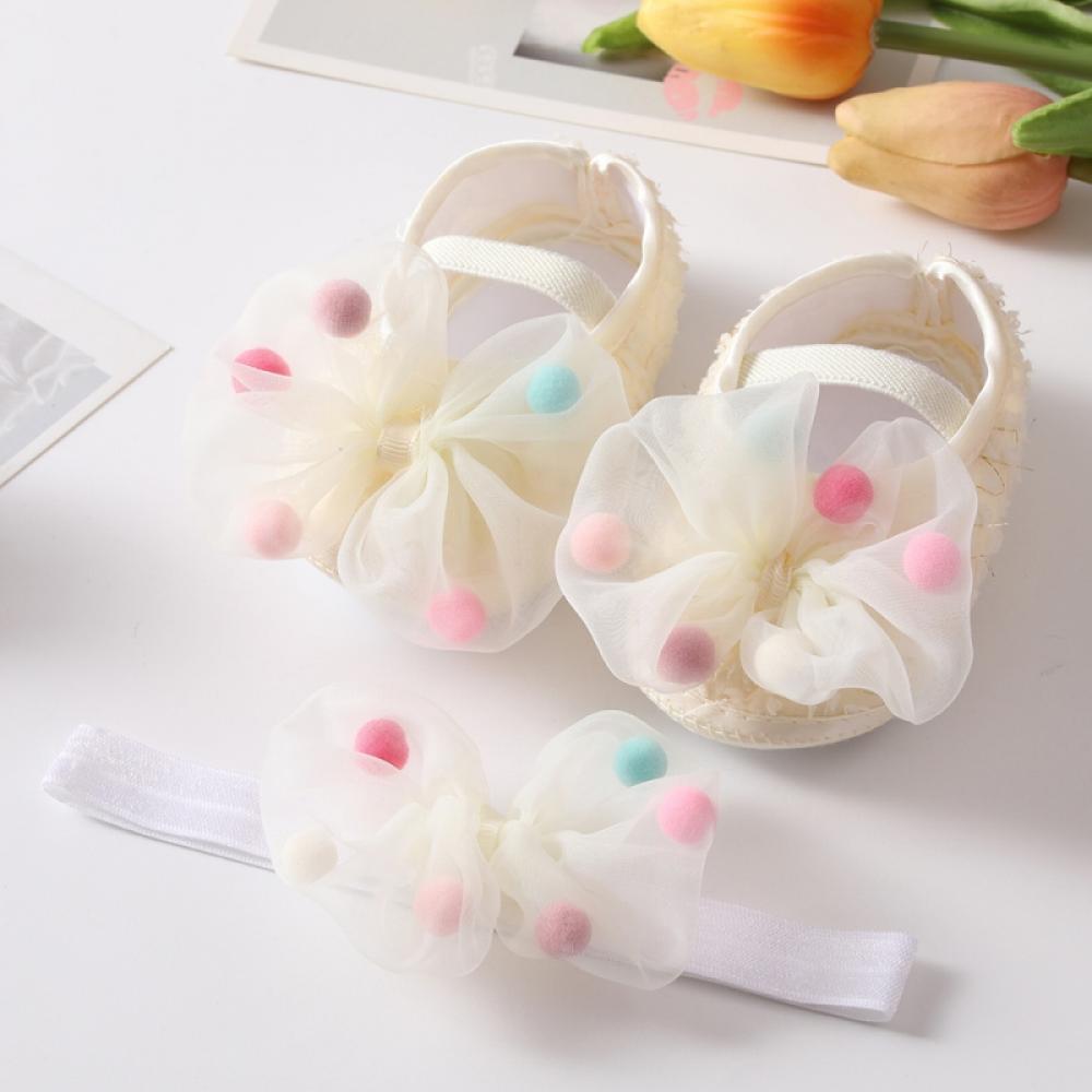 Baby Girl Shoes with Headband Set,Large Mesh Bowtie Princess Wedding Dress First Walking Shoes Toddler Soft Sole Prewalker Lightweight Crib Shoes Cute Newborn Girls Mary Jane Flats,Beige 0-18Month - image 1 of 7