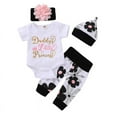 thumbnail image 1 of Baby Girl Short Sleeve Letters Print Romper Tops Floral Trousers Headband Hat Set, Outfits Clothes, 4-Piece Set, S, 1 of 12