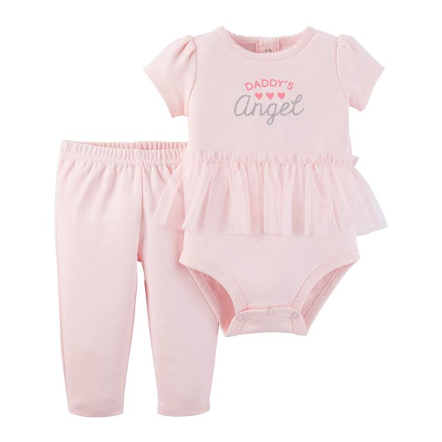 Baby Girl Short Sleeve Peplum Bodysuit & Pants, 2pc Outfit Set