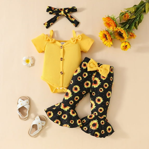 Baby Girl Shoulder Strap Short Sleeve Button Top Flared Pants Set Solid Color Top Floral Pants Three Set