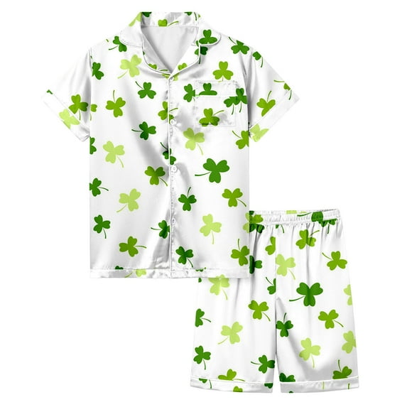 Baby Girl Silk Pajamas St Patricks Day Lucky Shamrock Button Down Short Sleeve & Short Pants Outfit Comfy Home Clothes 2 Piece Pjs Clothes Set Gifts for Kids