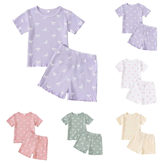 Baby Girl Smocked Outfits Summer Girls Summer Outfits Short Sleeve Bow Print Candy Color Crewneck T Shirt Girls' Clothing Sets