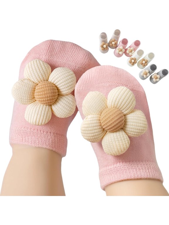 Baby Girl Socks with Non-Slip, Cute Flower Grippy Design Toddler Ankle Socks Gift for Newborn Babies Infants 4 Pairs