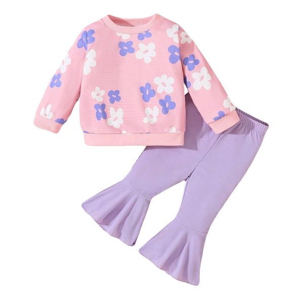 Baby Girl Spring Fall Clothes Floral Knit Crewneck Sweatshirts Flare Pants Set Ruffle Leggings Bell-Bottomed Toddler Bell-Bottoms Outfits