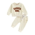 thumbnail image 1 of Baby Girl Spring Fall Outfits Fuzzy Letter Embroidery Long Sleeve Sweatshirt + Pants Set Tracksuit Clothes, 1 of 7
