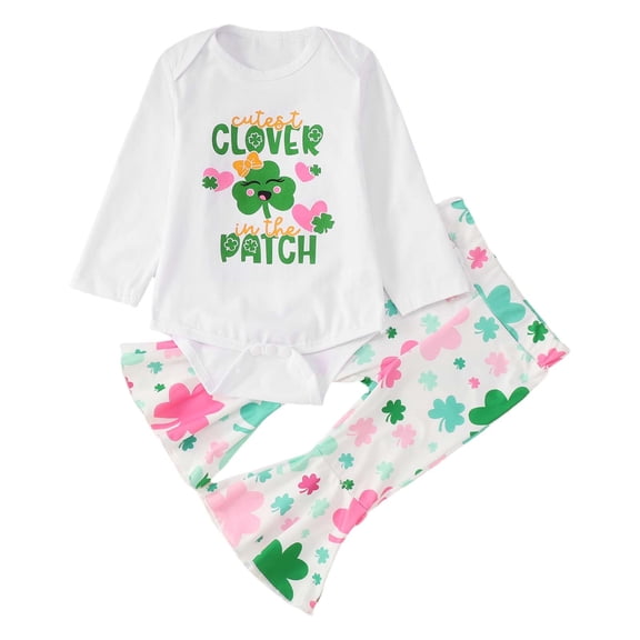 Baby Girl St Patricks Day Outfit Letter Print Long Sleeve Romper Bodysuits Flare Bottom Pants Headband 3 Pcs Set White 3-6 Months