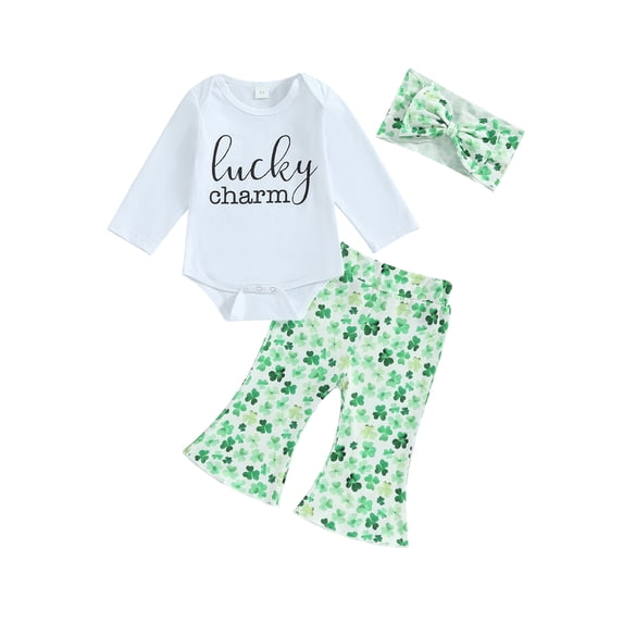Baby Girl St. Patricks Day Outfits 3 6 9 12 18 Months Clover Print Romper Onesie Flared Pants Headband 3Pcs Spring Fall Clothes