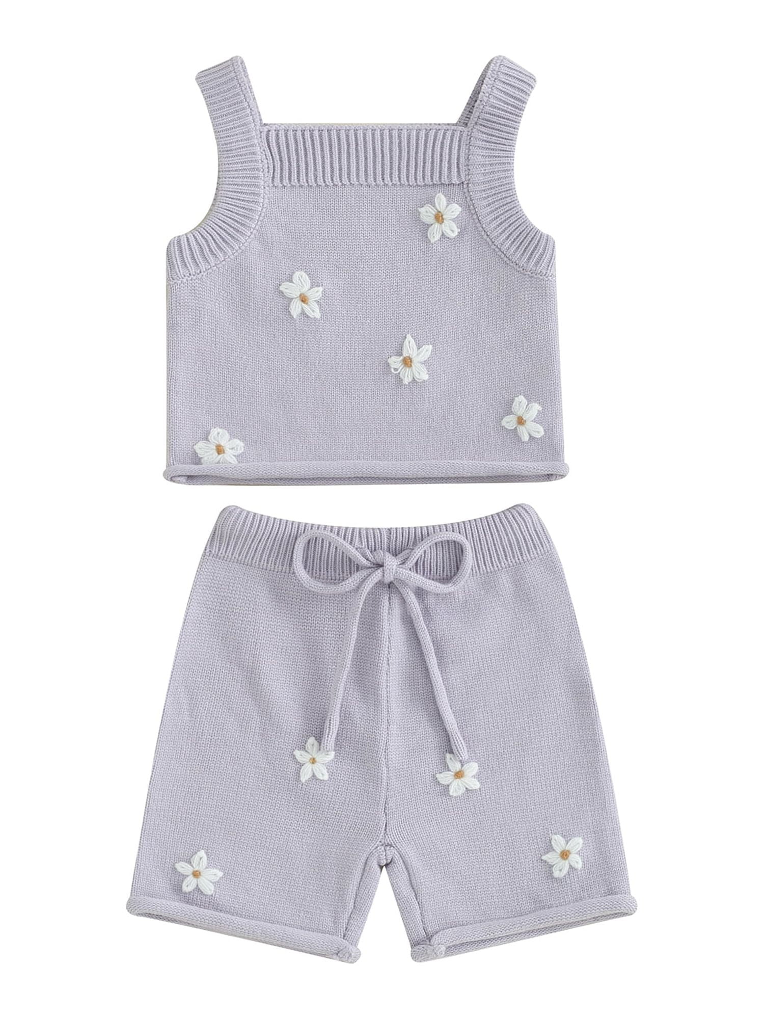 Baby Girl Summer 2 Piece Clothes Daisy Pattern Knitted Tank Top Elastic