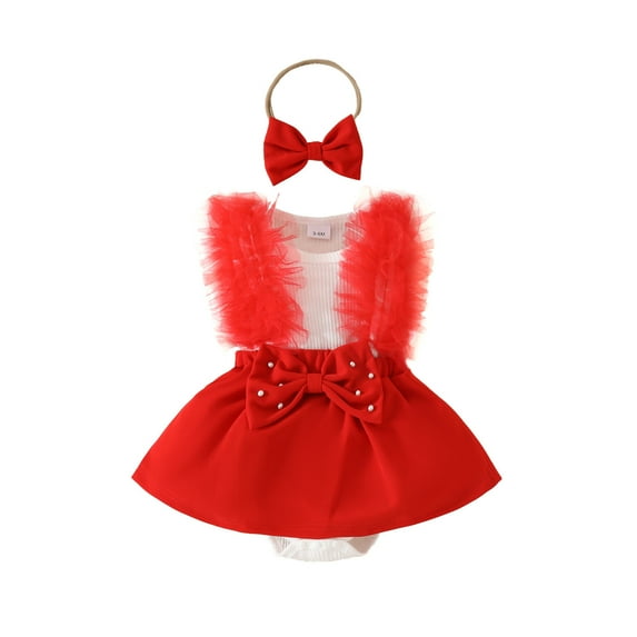 Baby Girl Summer Clothes Cute Girl Dress Outfits Sleeveless Lace One-Piece Romper and Headband 2pcs Set,Red,0-3 Months