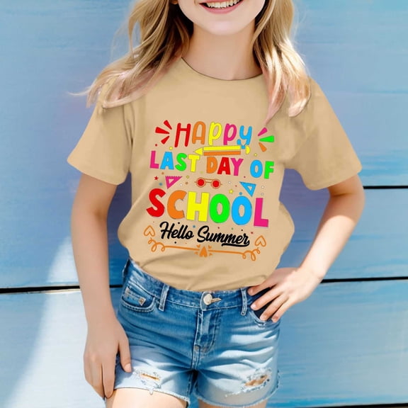 Baby Girl Summer Clothes Kids Boys and Girls Summer Last Day of School Theme Print Casual Comfort Short Sleeve T Shirt Toddler T Shirts Khaki 6 Years-7 Years