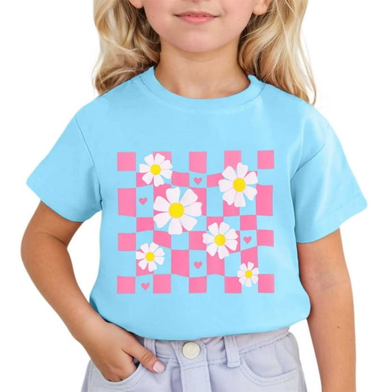 Baby Girl Summer Clothes Kids Girls Summer Cute Flower Prints Short Sleeved Round Neck T Shirt Toddler Casual Breathable Tops Boys T Shirts Sky Blue 12 Years-13 Years