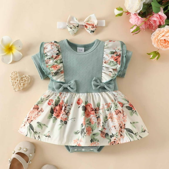 Baby Girl Summer Clothes Outfits Newborn Infant Floral Short Sleeve Romper Dress Cute Outfit 1-18M Baby Girl Short Sleeve Ruffle Dress Flower Stripe Wrapped Fart Suit One-piece Headband Set