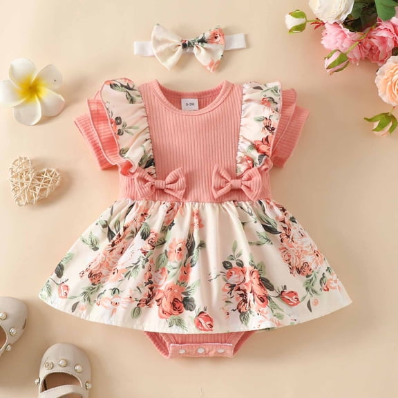 Baby Girl Summer Clothes Outfits Newborn Infant Floral Short Sleeve Romper Dress Cute Outfit 1-18M Baby Girl Short Sleeve Ruffle Dress Flower Stripe Wrapped Fart Suit One-piece Headband Set