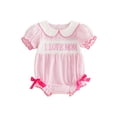 thumbnail image 1 of Baby Girl Summer Clothes Ruffle Short Sleeve Peter Pan Collar Bubble Romper Stripes Letters Embroidery Bodysuit with Bowknot Mothers Day Clothing, 1 of 9