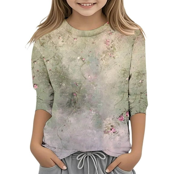 Baby Girl Summer Clothes Teen Girls Spring Summer Flower Prints Round Neck Casual 3/4 Sleeve T Shirt Toddler T Shirts Light Green 9 Years-10 Years