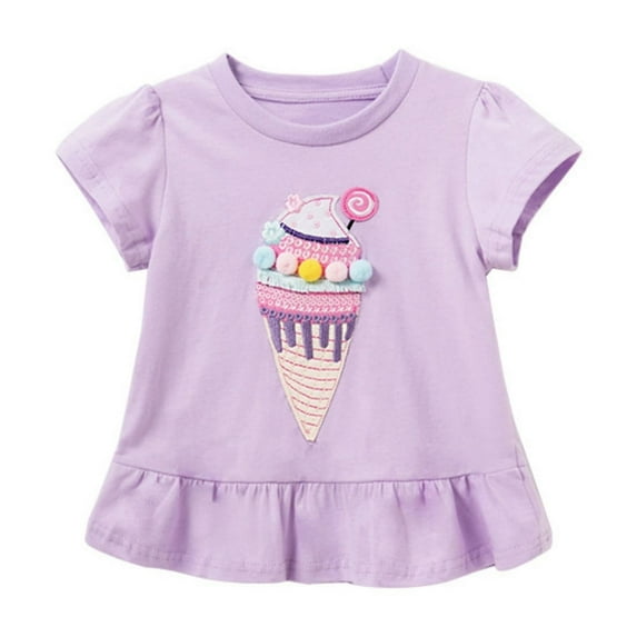 Baby Girl Summer Clothes Toddler Kids Girls Summer 3D Ice Cream Embroidered Short Sleeve T Shirt Breathable Soft Casual Top Summer Tops Light Purple 10 Years-11 Years