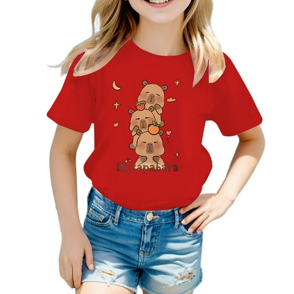 Baby Girl Summer Clothes Toddler Kids Girls Summer Cute Capybara Print Short Sleeve Casual T Shirt Lightweight Breathable Soft Top Toddler T Shirts Red 4 Years-6 Years