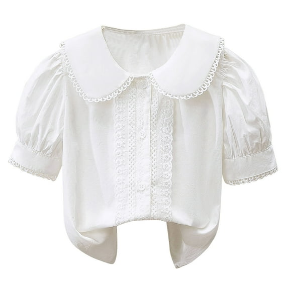 Baby Girl Summer Clothes Toddler Kids Girls Summer Solid Puff Sleeve Peter Pan Collar Shirt Breathable Soft Casual Top Summer Tops WH1 6 Years-7 Years