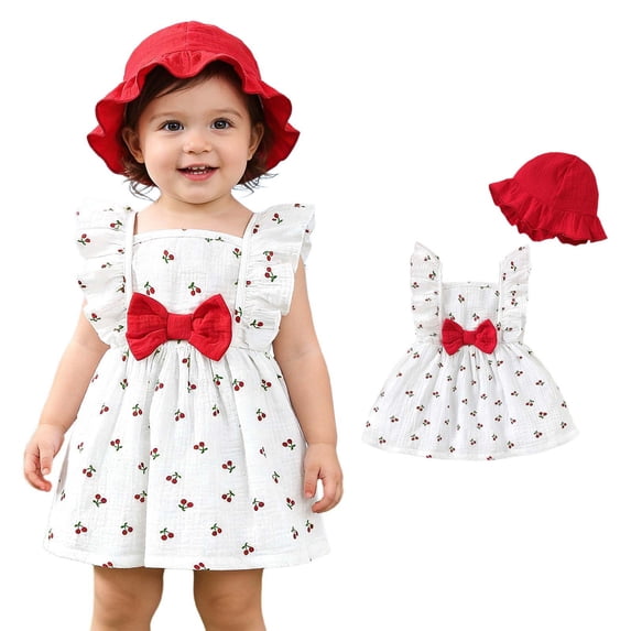 Baby Girl Summer Dress Ruffle Sleeve Cute Print Girls Casual Dresses Girls Sun Dress Hats Set Kids Dresses 6-9 Months