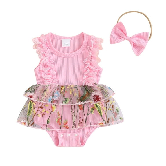 Baby Girl Summer Jumpsuit Floral Embroidered Ruffles Ribbed Romper Dress and Headband Set Cute Fashion Clothes Outfits