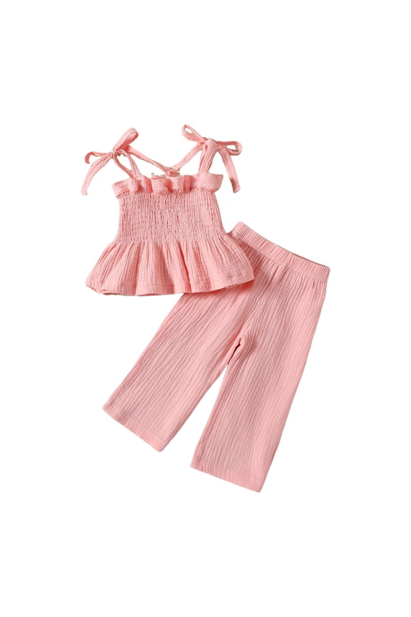 Baby Girl Summer Outfit 2Pcs Sleeveless Pants Set Toddler Spaghetti Strap Ruffle Crop Top Clothes Set Smocked Baby Girl Clothes
