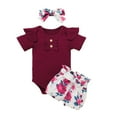 thumbnail image 1 of Baby Girl Summer Outfit Sets Solid Ribbed Romper Floral Bow Shorts Headbands Girls Summer Clothes Shorts Set 0-6 Months, 1 of 9
