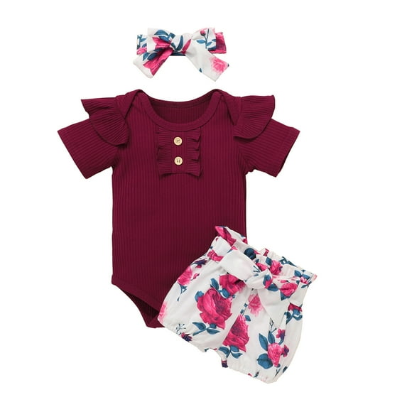 Baby Girl Summer Outfit Sets Solid Ribbed Romper Floral Bow Shorts Headbands Girls Summer Clothes Shorts Set 0-6 Months