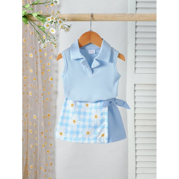 Baby Girl Summer Outfits 12 18 24 Months 2T 3T 4T 5T Girls Clothes Sleeveless Collared Tank Tops + Floral Skort Toddler Set
