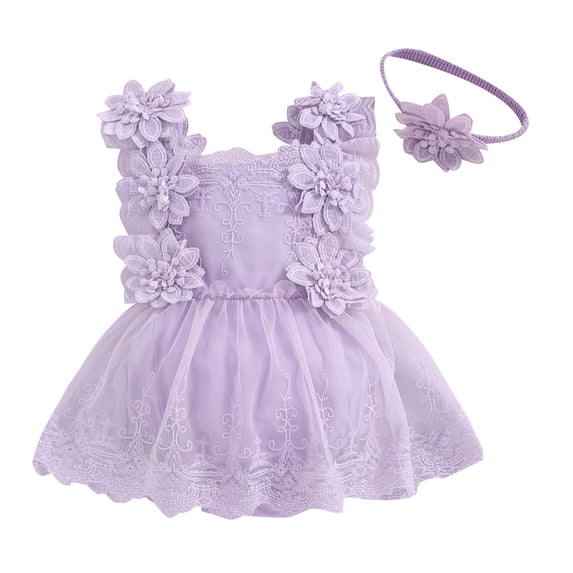 Baby Girl Summer Outfits Fly Sleeve Ruffle Romper Dress Floral Lace Square Neck Smocked Tulle Skirt Bodysuit +Headband Set