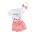 thumbnail image 1 of Baby Girl Summer Outfits Letter Print Short Sleeve Rompers Bowknot Shorts Headband 3Pcs Clothes Set, 1 of 8