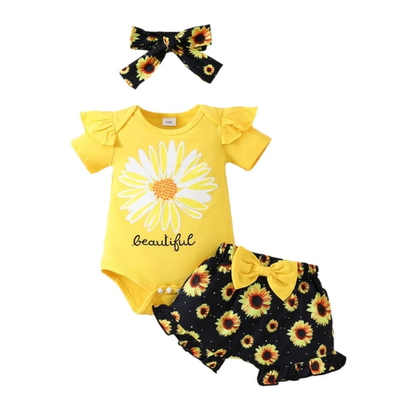 Aojekbee Baby Girl Summer Outfits Letter Print Short Sleeve Rompers Sunflower Print Shorts Headband 3Pcs Clothes Set